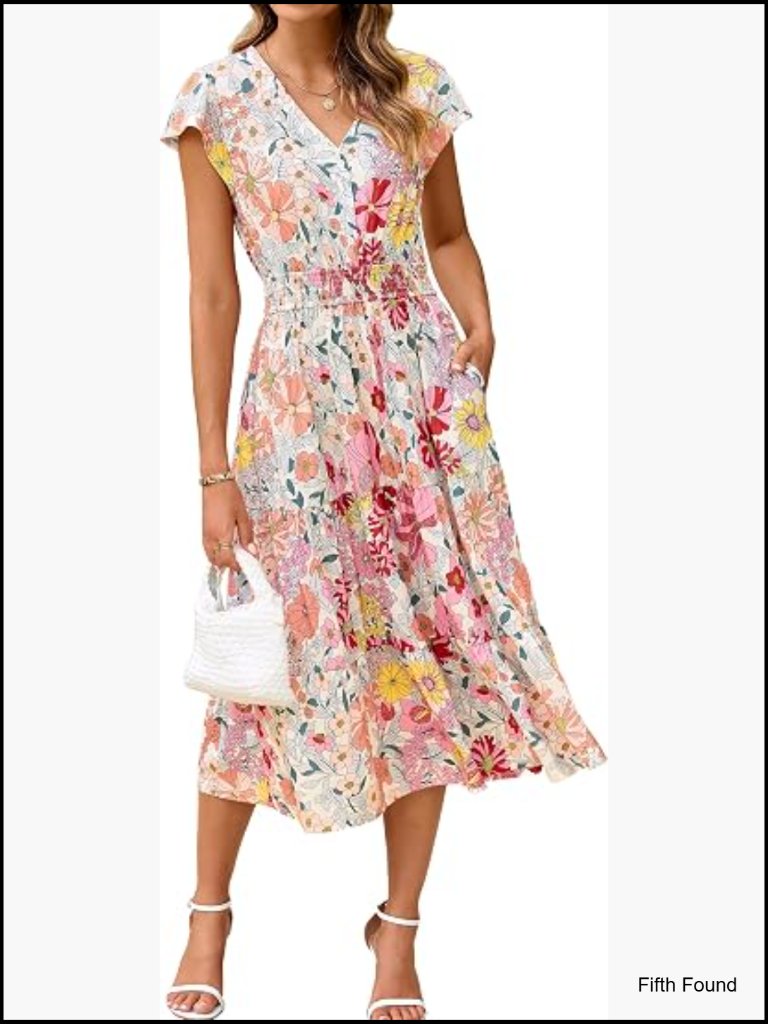 Women's Floral Boho Ruffle Summer Midi Dress Short Sleeve V Neck Empire Waist